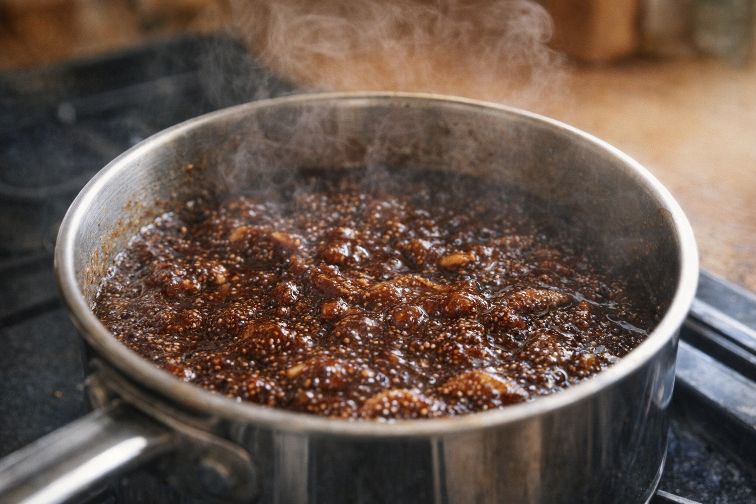 A close-up shot of fig jam simmering in a saucepan on a stovetop, steam rising, thick and glossy texture, warm kitchen light
